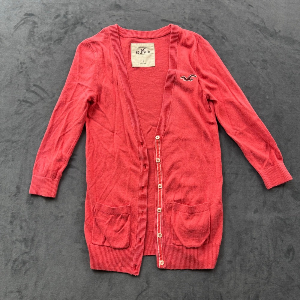 Hollister Womens Coral Pink Button Front Longline Cardigan Sweater Small Logo